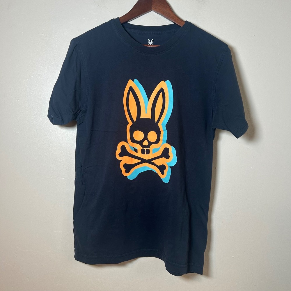 Psycho Bunny Mens Graphic T Shirt Black Cotton Crew Neck Bunny Skull Logo Size M